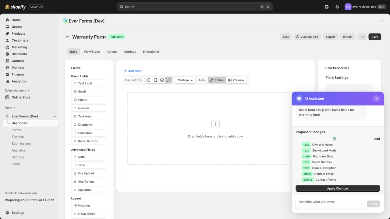 EverForms AI Assistant generating form fields from description
