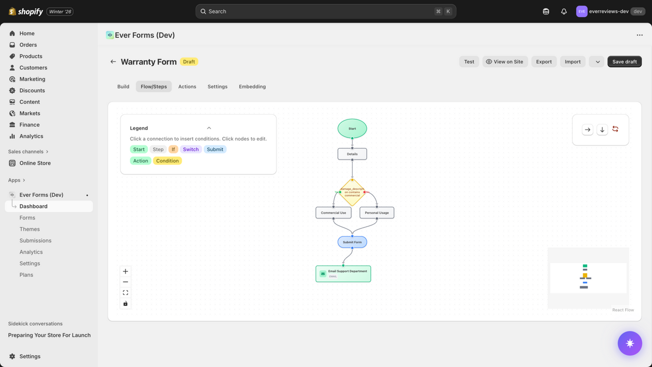 EverForms visual flow builder showing conditional logic branches
